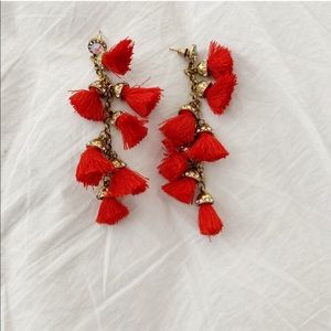 Red Pom Pom and Crystal Earrings
